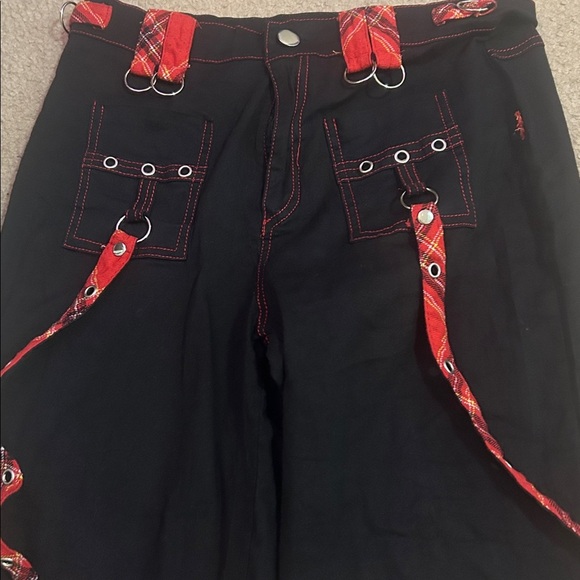Black straight legged pants red contrast stitching plaid tartan suspenders punk - Picture 3 of 5